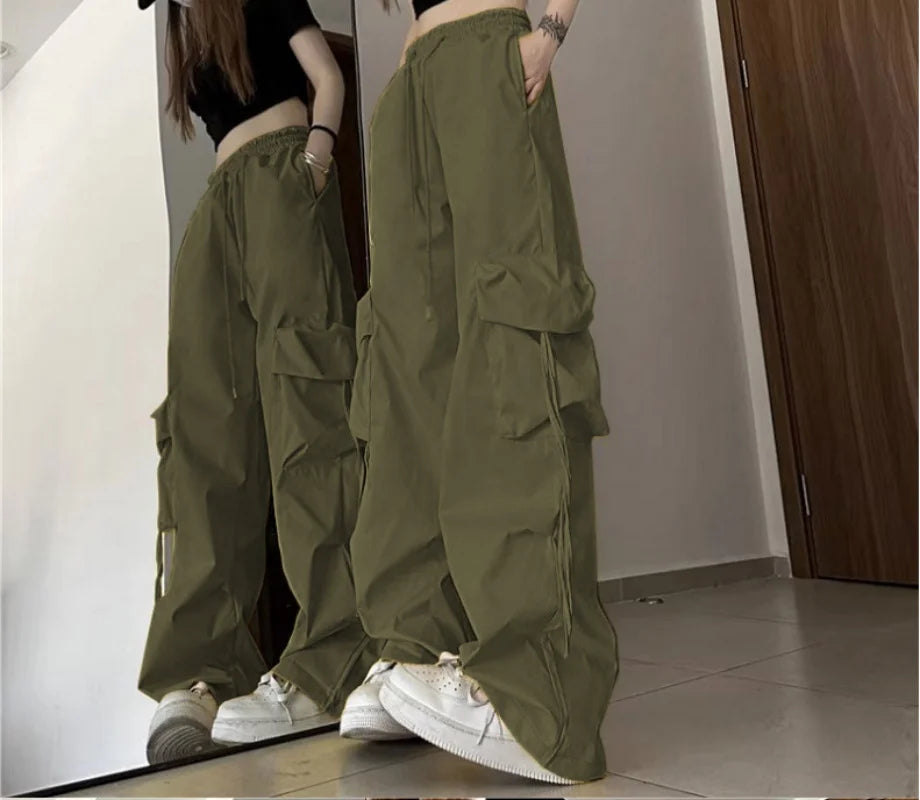 2025 New Vintage Loose Wide Leg Pants High Street Y2K Retro Hip Hop Solid Sweatpant Casual Women Cargo Commute Jogger Trousers