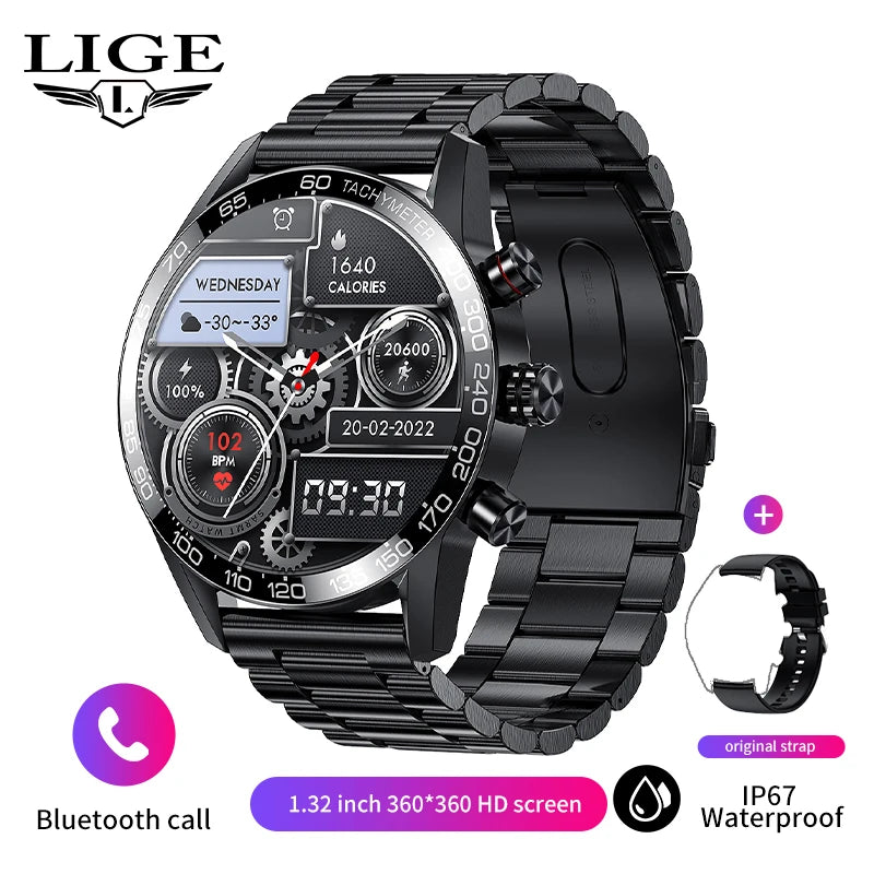 LIGE 2024 New Outdoor Bluetooth Call Smart Watch Men 1.32 inch AMOLED Full Touch Fitness Bracelet Waterproof Smartwatch Men