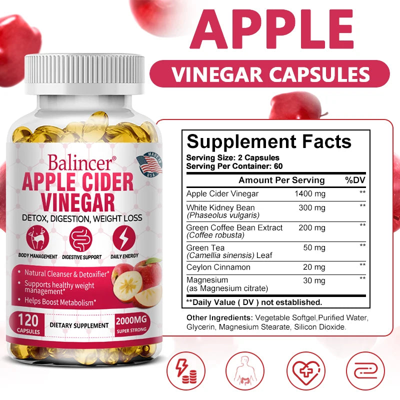 Balincer Apple Cider Vinegar Capsules for Healthy Fat Burning, Digestion, Detoxification and Immunity Boosting
