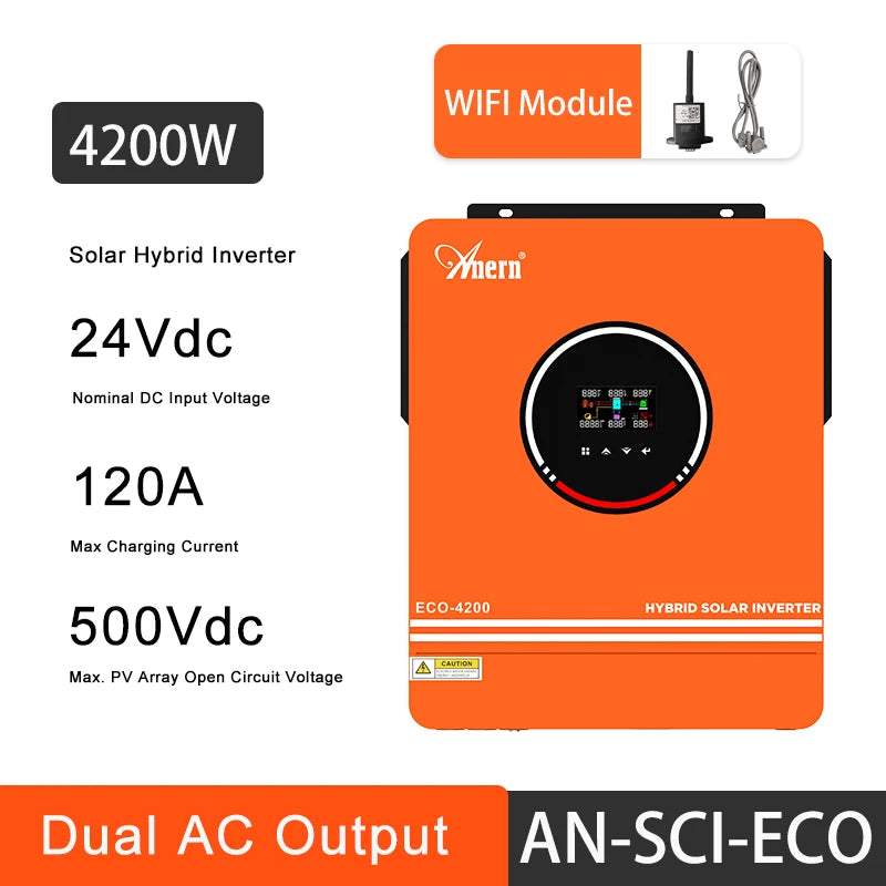 Anern 6.2KW 4.2KW 3KW 1.6KW Hybrid Inverter Off Grid Dual AC Output MPPT 120A on Grid Solar Inverter 48V 24V 12V 230V PV 500Vdc
