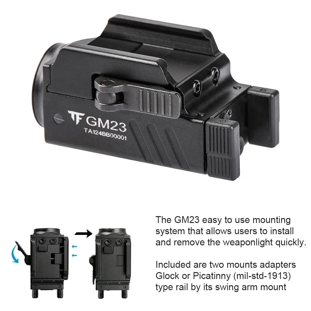 TrustFire GM23 Tactical LED Flashlight 800 Lumens GL0ck Light Rail Mounted USB Rechargeable Torch