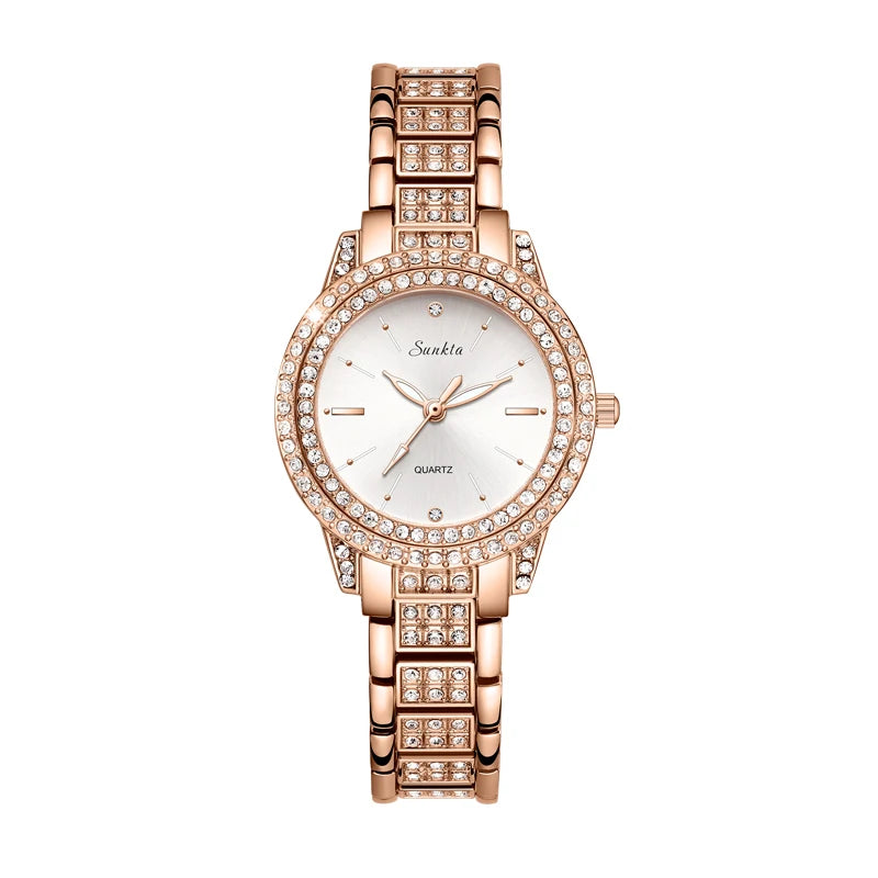 SUNKTA Women Watches Relojes Para Mujer Luxury Classic Golden Watch Women Alloy Strap Round Rhinestone Dail Quartz Wristwatches