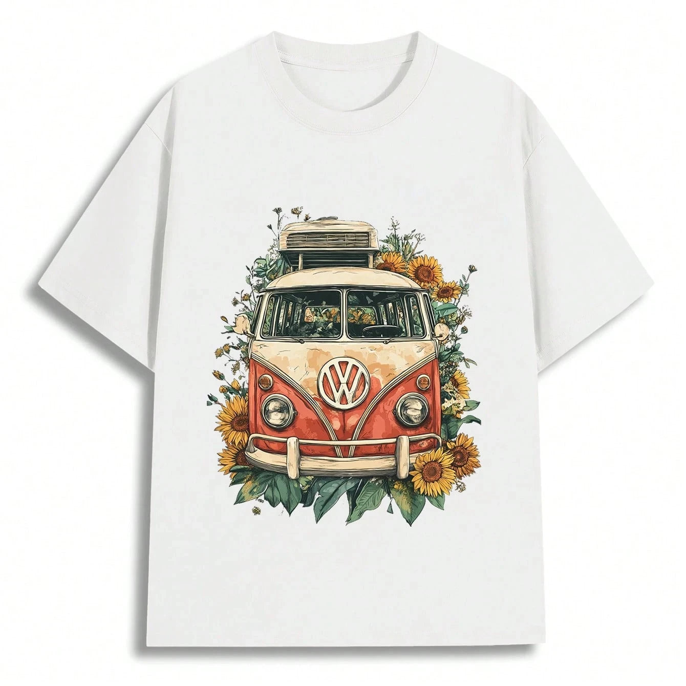 Men Vintage Van And Sunflower Graphic Men Clothes T-Shirt Percent Cotton Tops For Thanksgiving Day Summer Tops Cute Tops