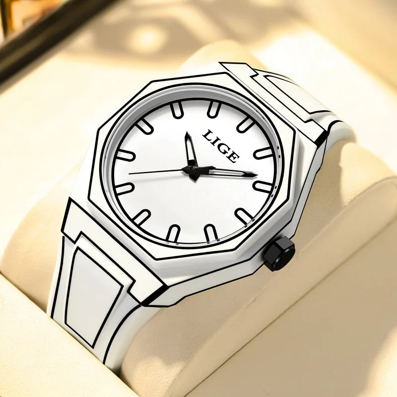 LIGE Sketching Design Man Watch Classic Simple Silicone Strap Leisure Men's Quartz Wristwatch Creative Minimalist Watch for Men
