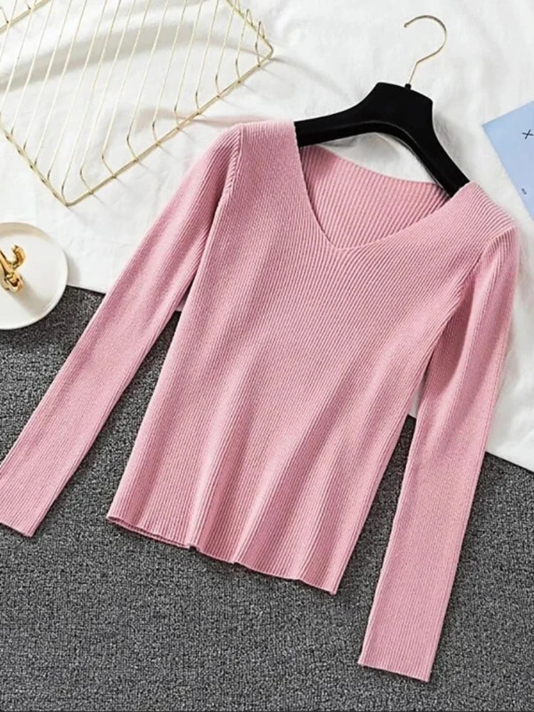 2025 Fashion V-neck Elastic Basic Top New Women Sweater Long Sleeve Pullover Female Winter Solid Knitted Jumper