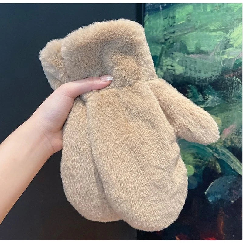 Elegant Thicken Plush Soft Winter Fingerless Gloves Women Warm Fur Mittens Cold Protection Velvet lining Outdoor Fluffy Gloves