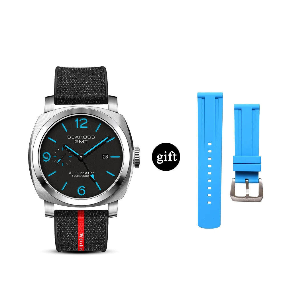 SEAKOSS Men GMT Automatic Mechanical Watches Super Luminous Calendar Original Seagull ST2557 Movement Nylon Rubber Wristwatches