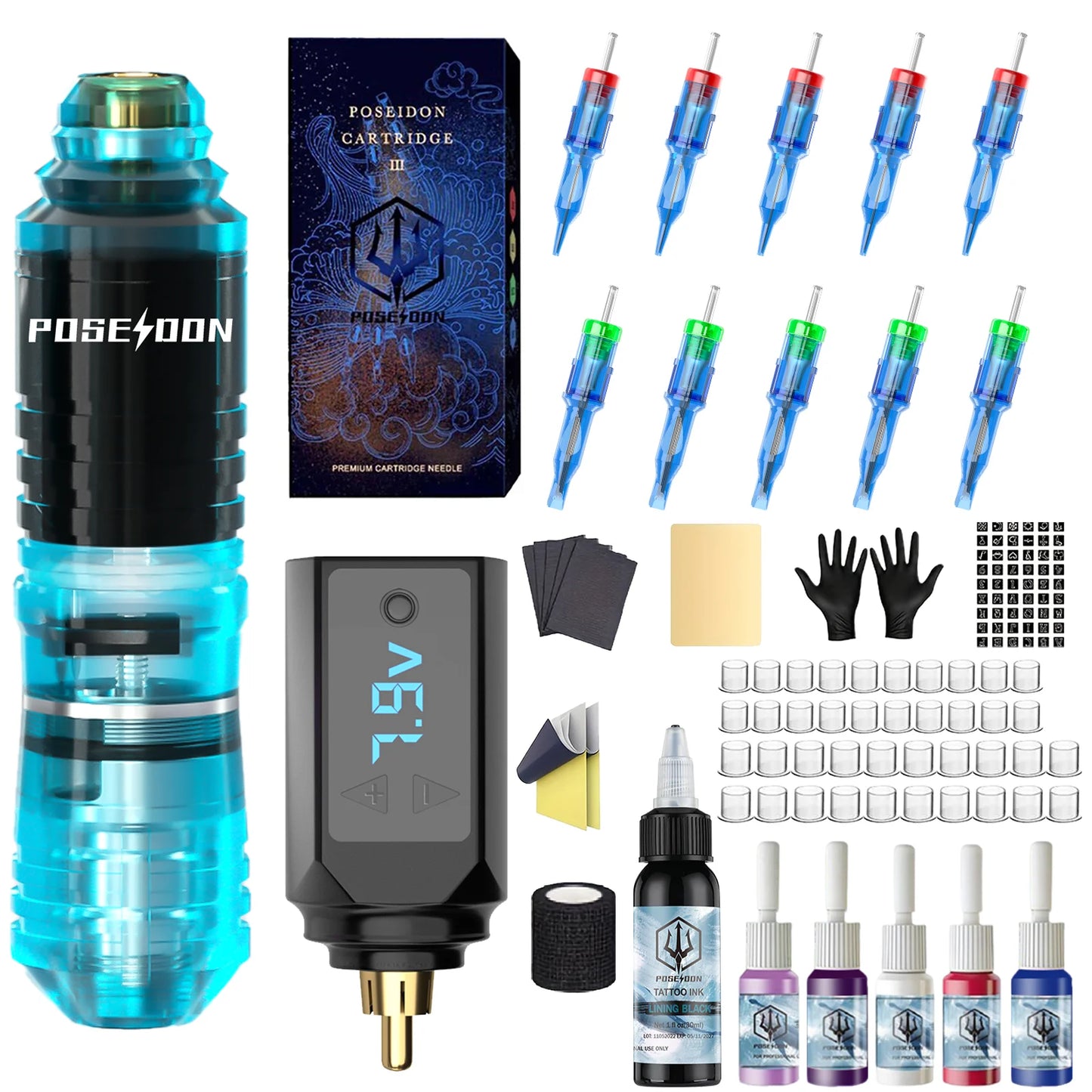 Tattoo Kit POSEIDON High Power Tattoo Pen Kit For Permanent Makeup Tattoo Machine Kit Hot Red Tattoo Power Supply Tattoo Gun Kit