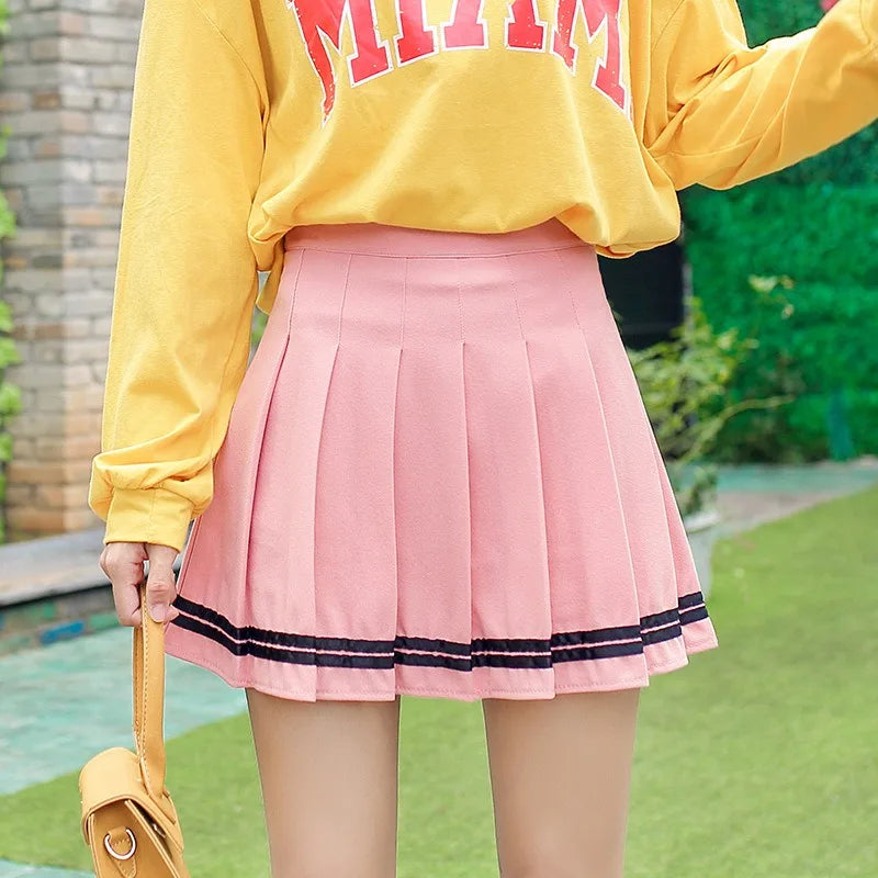 Preppy Girl Pleated Skirts Elastic Waist Vintage Mini Skirts Korean Streetwear Student Strips Designed Dance Skirt