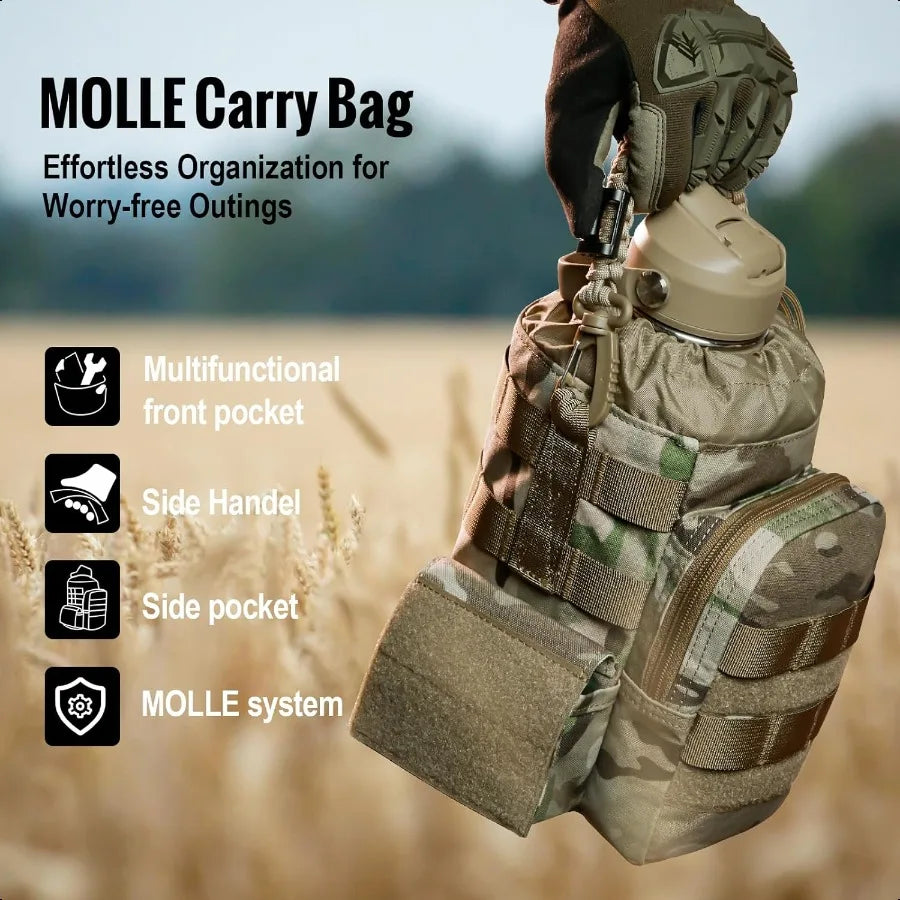 Tactical Half Gallon Water Bottle 64 oz Vacuum Insulated 3 BPA Free Lids Paracord Handle MOLLE Water Pouch Leakproof Sport Bott