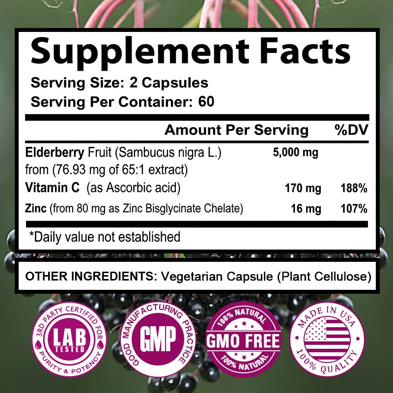Elderberry - 5000 mg Per Serving, Vitamin C & Zinc, ImmunoBooster for Immune Support, Skin Health, 120 Veggie Capsules