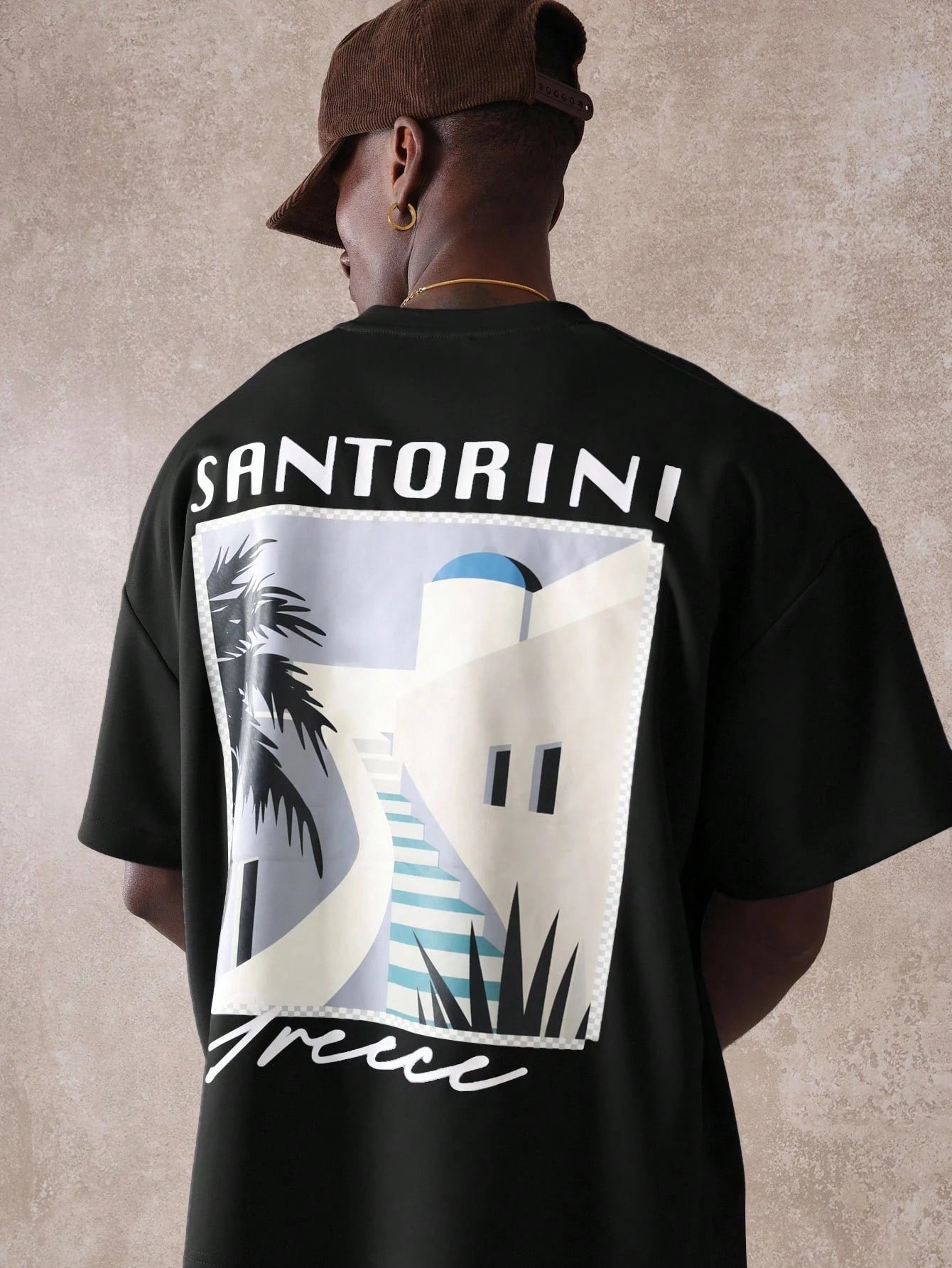 Mens Oversized Printed Boxy T Shirt Santorini Greece Aesthetic Casual Travel Souvenir Graphic Holiday Beach Tee men clothing