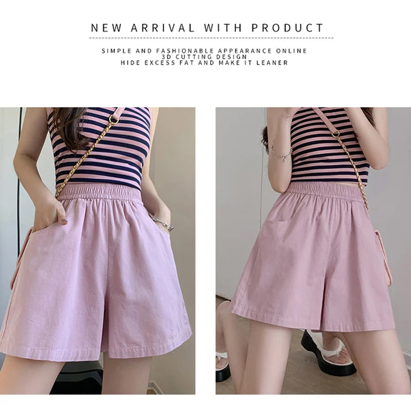 Women Summer Soft Casual Shorts Pants Lady Baggy Wide Leg Elastic Pink Cotton Cargo Pants Female High Waist Beach Baggy Pants
