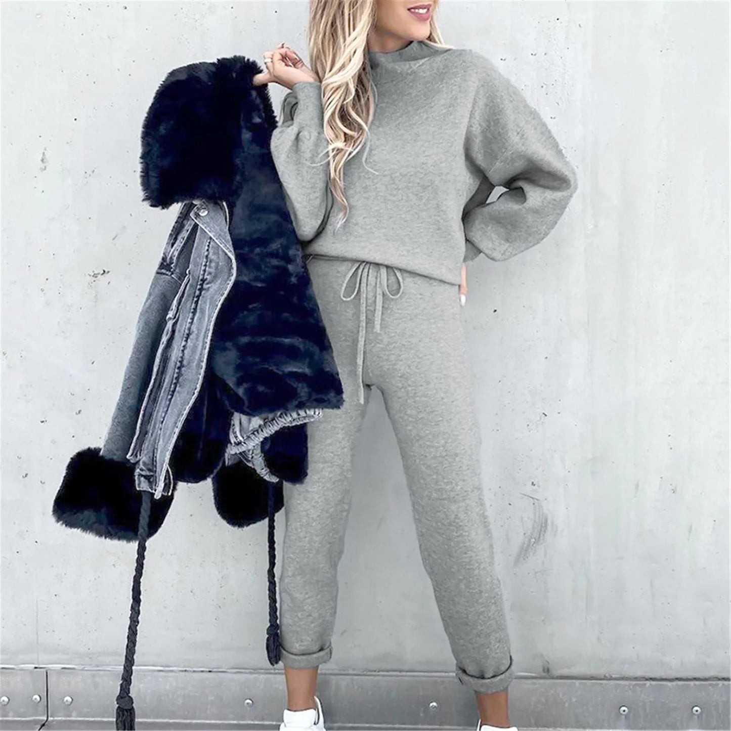 2 Piece Suit Sports for Women's Solid Color Fashion Casual Outfits Set Loungewear Long Sleeve Wide Leg Pants Streetwear