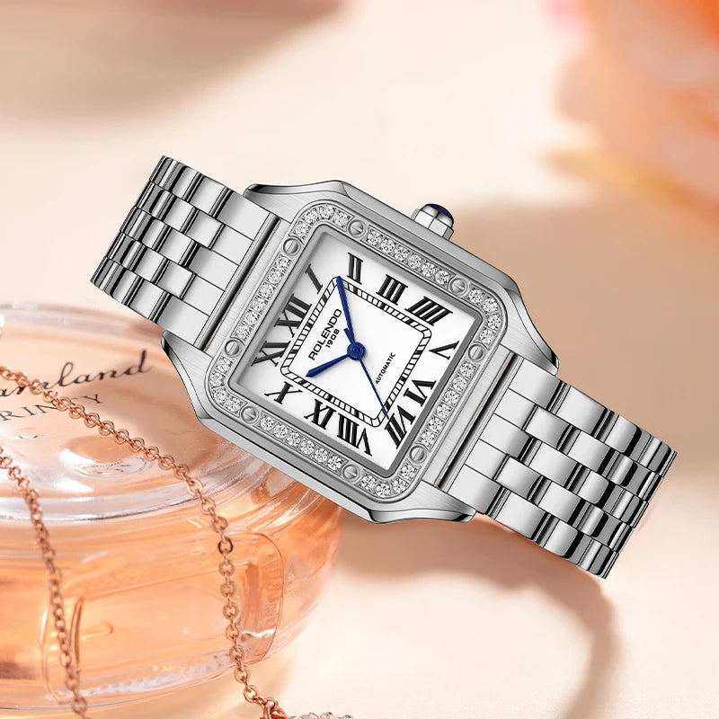 ROLENDO Women's Classic Square Watch for Santos 33mm Diamond-Set Mineral Crystal Roman Scale Luxury Automatic Wristwatch Gift