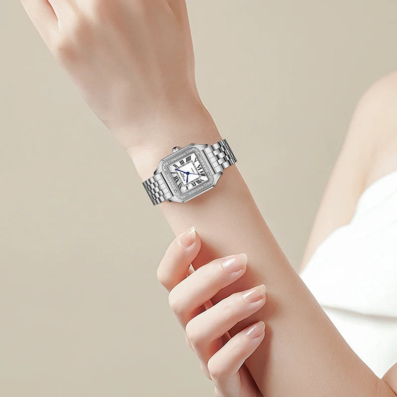 ROLENDO Women's Classic Square Watch for Santos 33mm Diamond-Set Mineral Crystal Roman Scale Luxury Automatic Wristwatch Gift