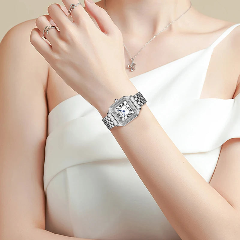 ROLENDO Women's Classic Square Watch for Santos 33mm Diamond-Set Mineral Crystal Roman Scale Luxury Automatic Wristwatch Gift