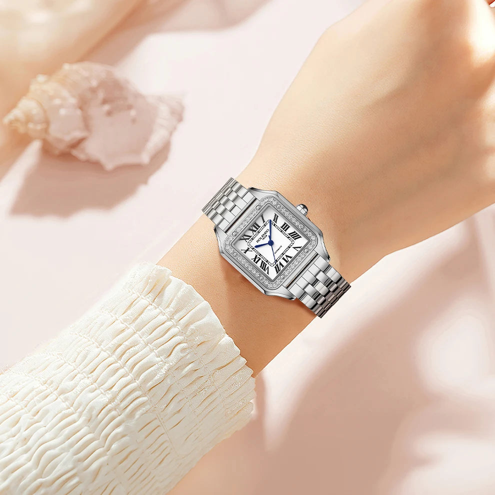 ROLENDO Women's Classic Square Watch for Santos 33mm Diamond-Set Mineral Crystal Roman Scale Luxury Automatic Wristwatch Gift