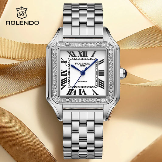 ROLENDO Women's Classic Square Watch for Santos 33mm Diamond-Set Mineral Crystal Roman Scale Luxury Automatic Wristwatch Gift