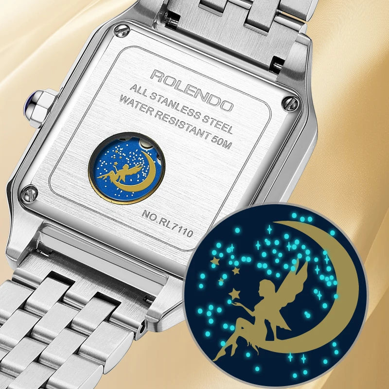 ROLENDO Women's Classic Square Watch for Santos 33mm Diamond-Set Mineral Crystal Roman Scale Luxury Automatic Wristwatch Gift