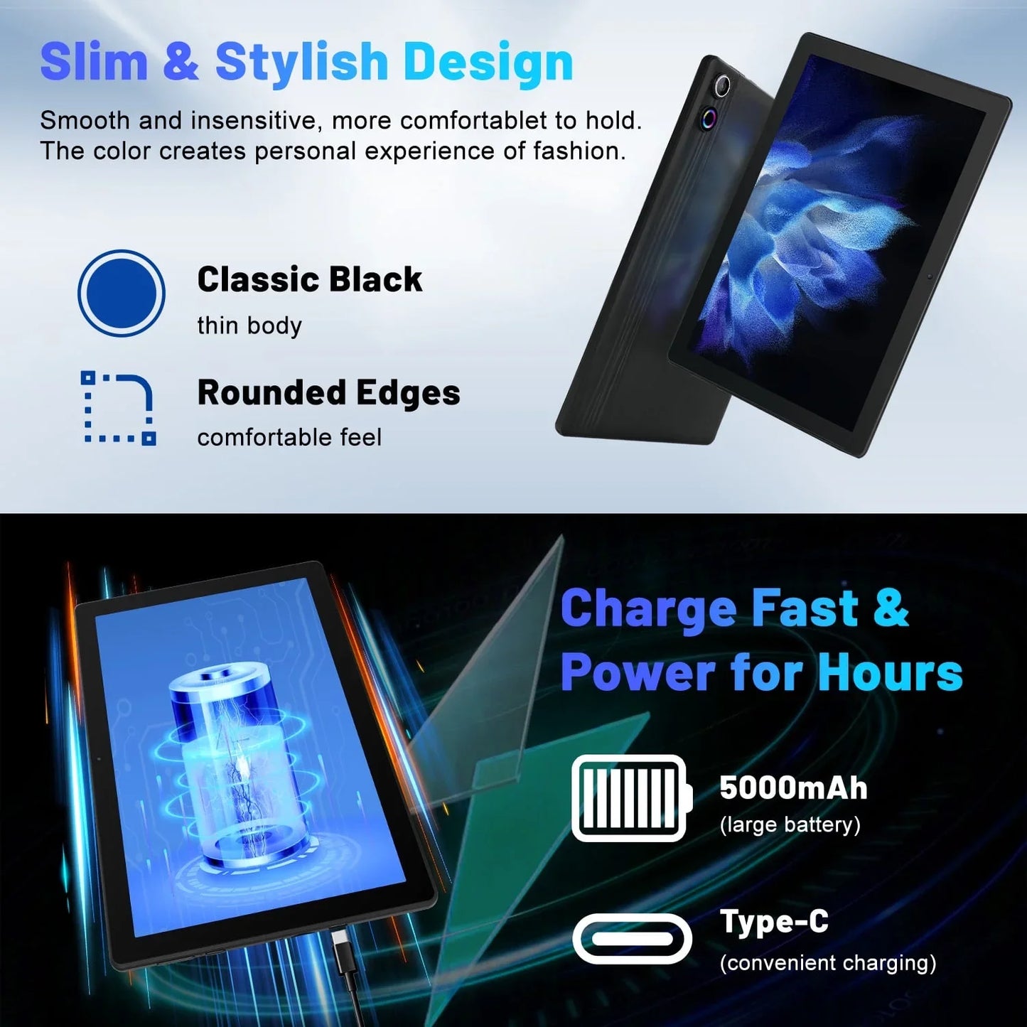 BESTSKI 10.1 Inch Android 14 Tablet, Octa-core 10GB RAM 64GB ROM(Expand to 1TB), 5MP+8MP Dual Cameras, Face ID, WiFi 6,Black