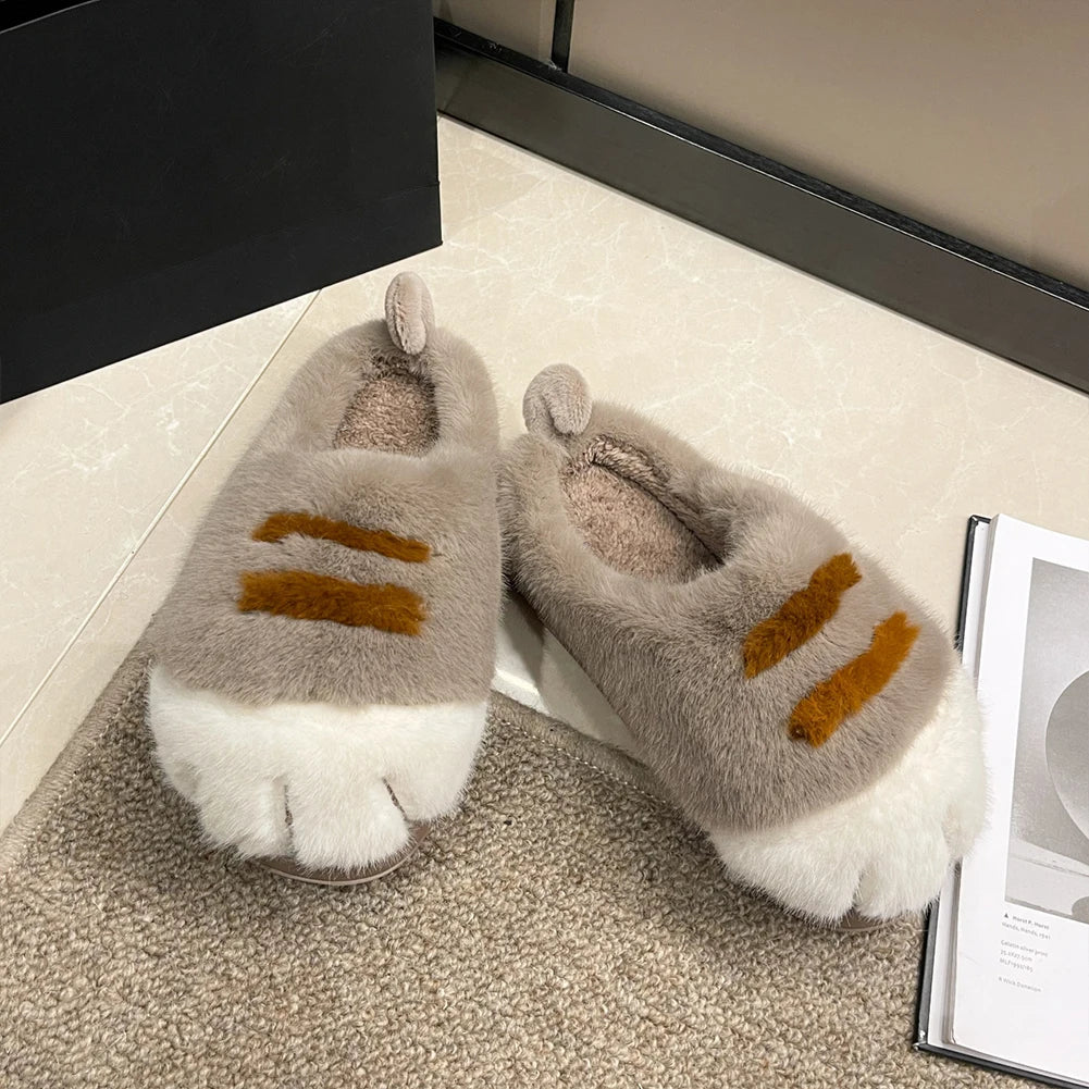 3D Cat Paw Plush Slippers Flat Thermal Slippers Comfortable Fluffy Home Slippers Furry Paw Couple Slippers for Autumn Winter