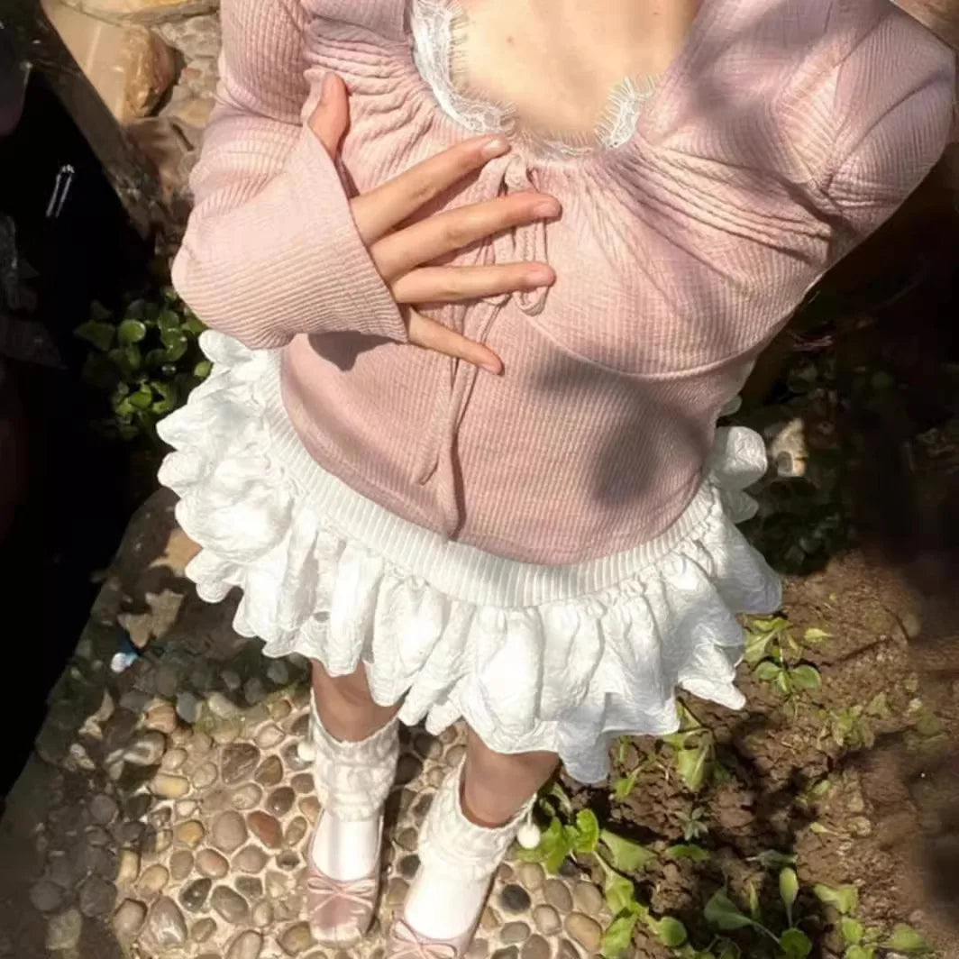 Women Kawaii Lolita Shorts Skirt 2024 Summer Ruffles Layered Patchwork High Waist Mini Skirts Girl Sweet White Pleated Skirt