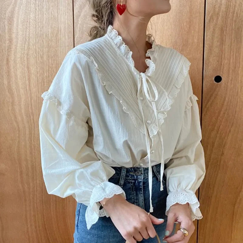 New Spring Summer Vintage Fashion Long Sleeve Women Lace Blouse Elegant Hollow Out Solid Lace Up Bow Loose Blouses Blusas 9580
