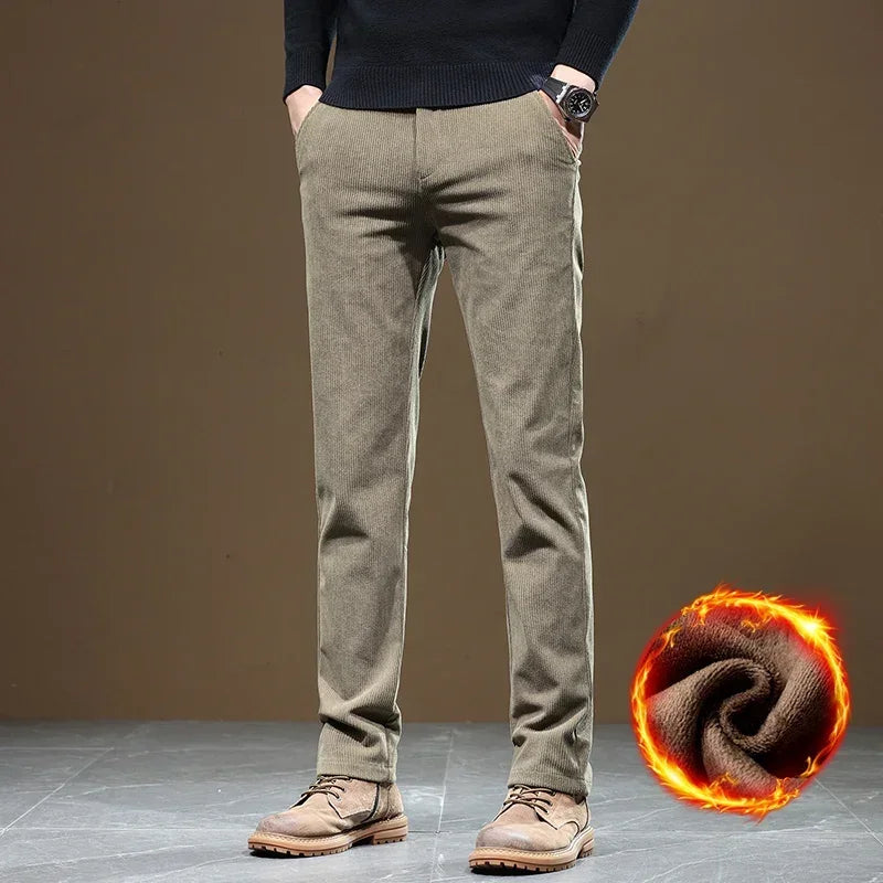 2025 New Winter Fleece Warm Corduroy Pants Men Business Fashion Slim Fit Stretch Thicken Gray Khaki Fluff Casual Trousers Male