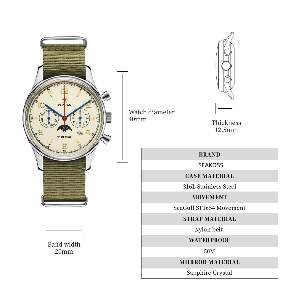 Seakoss 40mm MultiFunction Men's Automatic Watches Calendar Week Month Sapphire Glass Nylon Strap 1963 Pilot Mechanical Watch