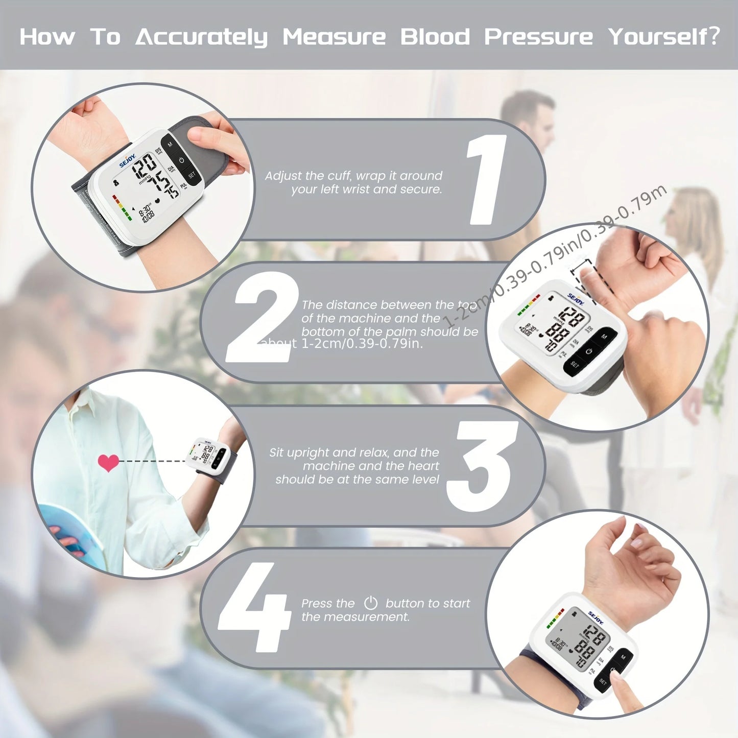 SEJOY Blood Pressure Machine Wrist Blood Pressure Cuff Wrist BP Monitor Wrist Cuff Automatic Monitor with Heartbeat Detection