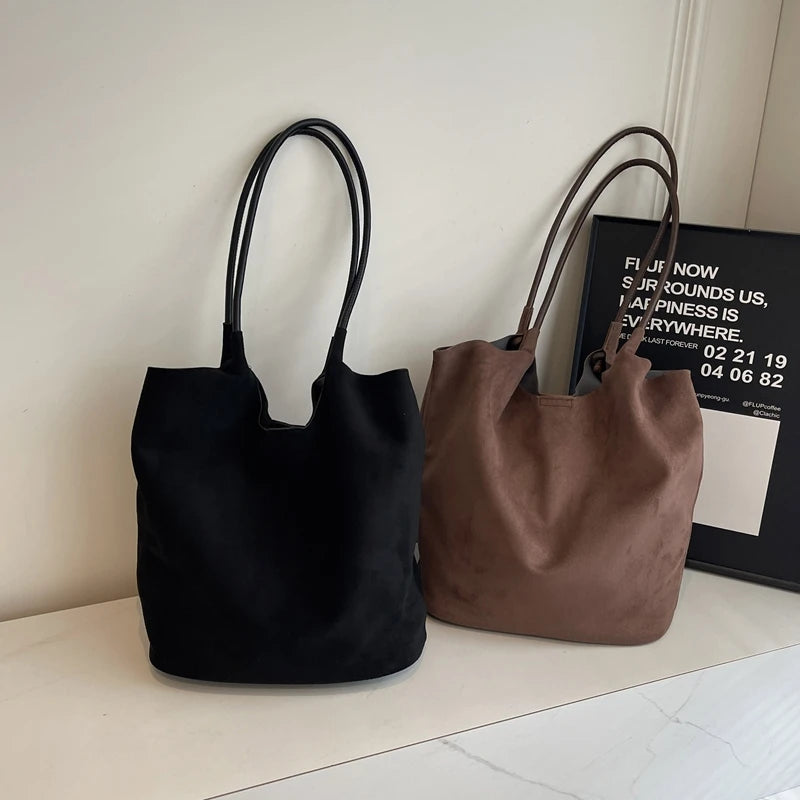 Tote Bag Faux Suede Slouchy Shoulder Bag for Women Solid Handbag Retro Handbag Woman Fashion Commuter Shopping Bag