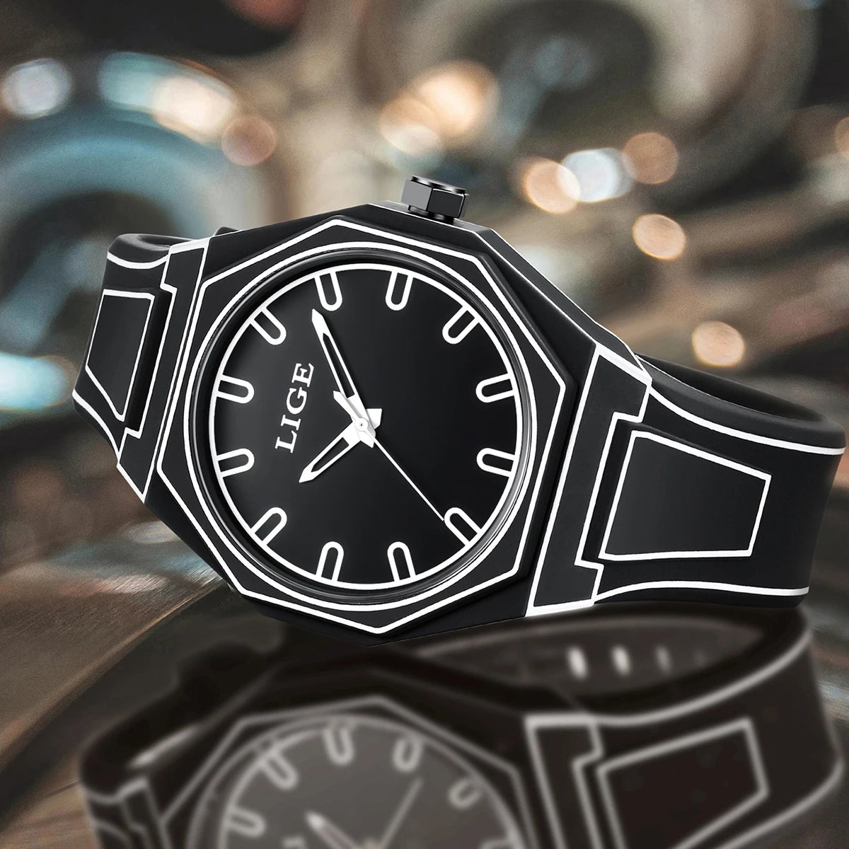 LIGE Sketching Design Man Watch Classic Simple Silicone Strap Leisure Men's Quartz Wristwatch Creative Minimalist Watch for Men