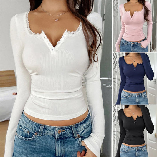 Women Y2K Lace Button Tops Autumn Spring Long Sleeve Solid Fashion T-shirts Slim Sexy Basic Pullover Shirt Casual Street Clothes