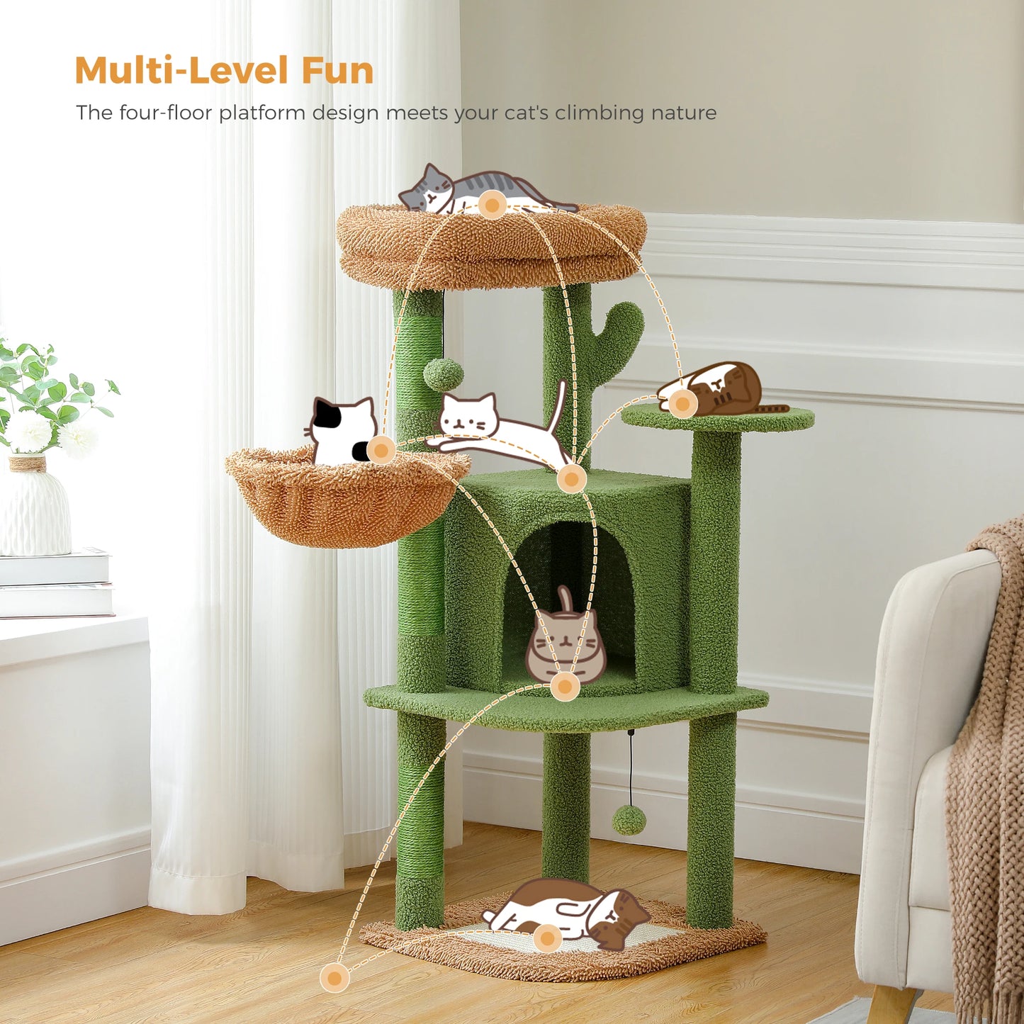 Cactus Cat Tree for Indoor, Cat Tower with Large Cat Condo, Sisal Scratching Posts& Pad, Cozy Hammock, Top Perch, Cat Furniture