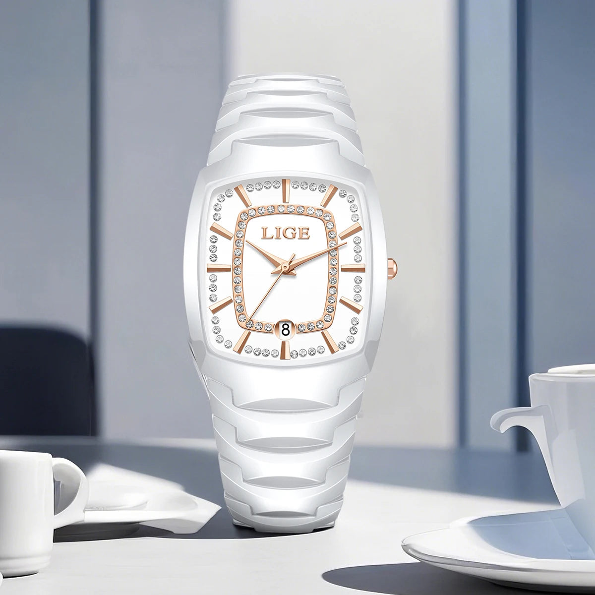 LIGE New Women Watches Creative Women Ceramic Bracelet Wrist Watches Ladies Square Waterproof Female