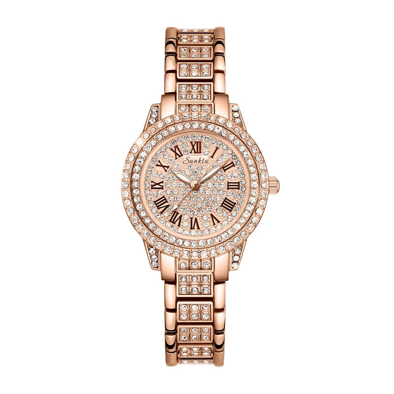 SUNKTA Womens Watches Fashion Original Quartz Wrist Watch for Ladies Roman Dial Dazzling Diamond Waterproof Luminous Luxury