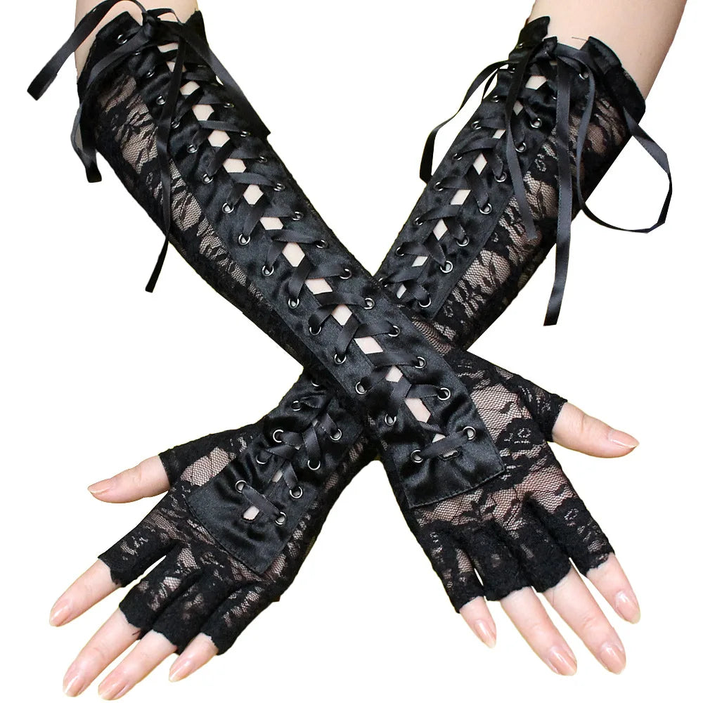 Sexy Lace Strap Gloves Long Ribbon Half Finger Prom Gloves Show Nightclub Dinner Cosplay Punk Gothic Lolita Cool Glove