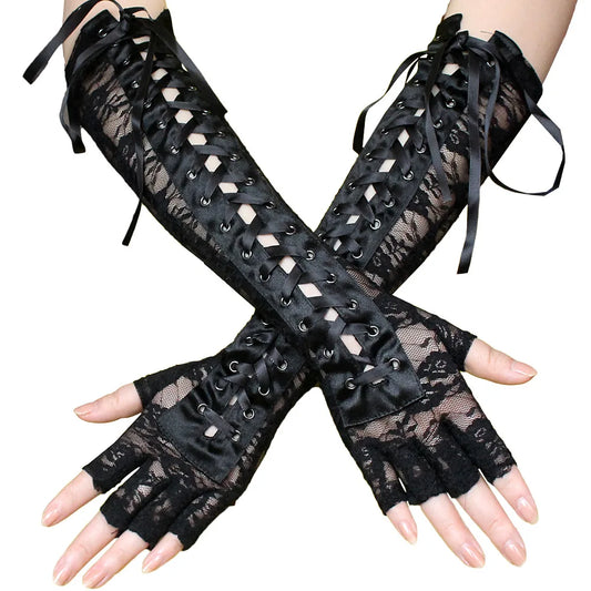 Sexy Lace Strap Gloves Long Ribbon Half Finger Prom Gloves Show Nightclub Dinner Cosplay Punk Gothic Lolita Cool Glove