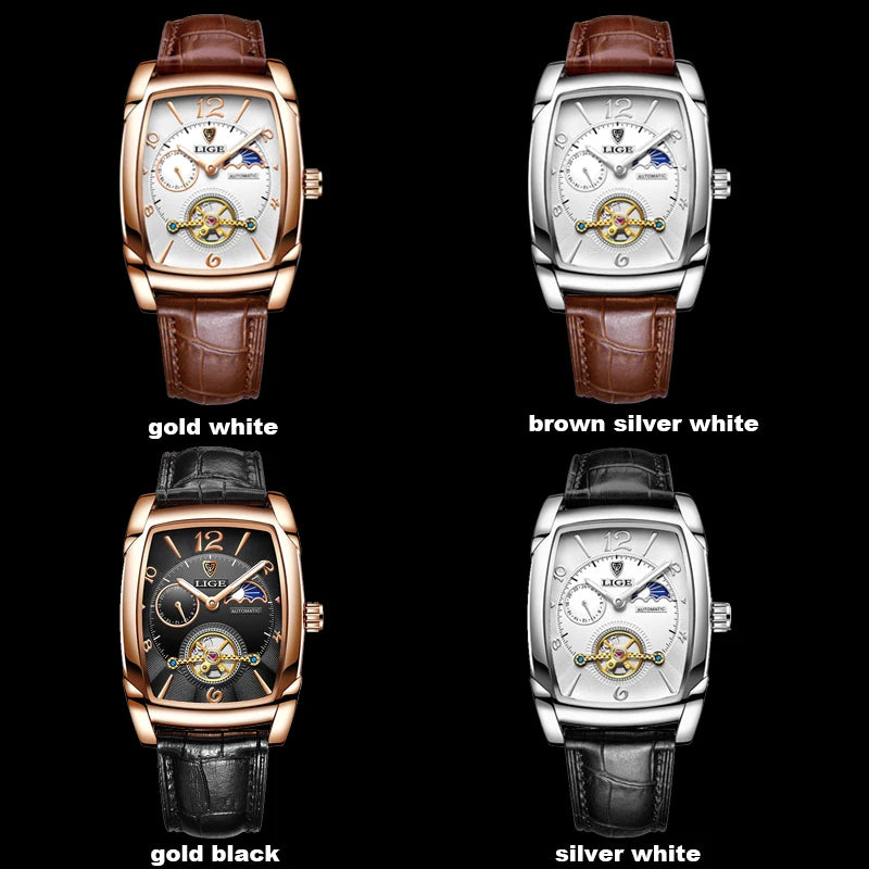 LIGE Fashion Men's Mechanical Wristwatches Top Brand Luxury Leather Square Watch Men Business Sports Tourbillon Watch For Men
