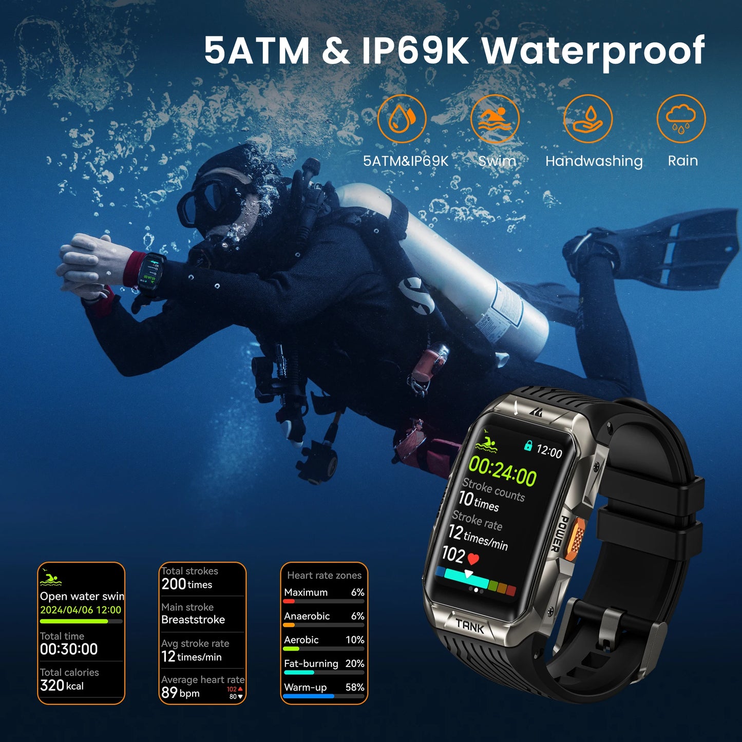 KOSPET TANK X2 Smart Watch For Men IP69K 5ATM Waterproof 3D Curved Screen 1.64'' AMOLED Bluetooth Call 170 Sport Mode Smartwatch
