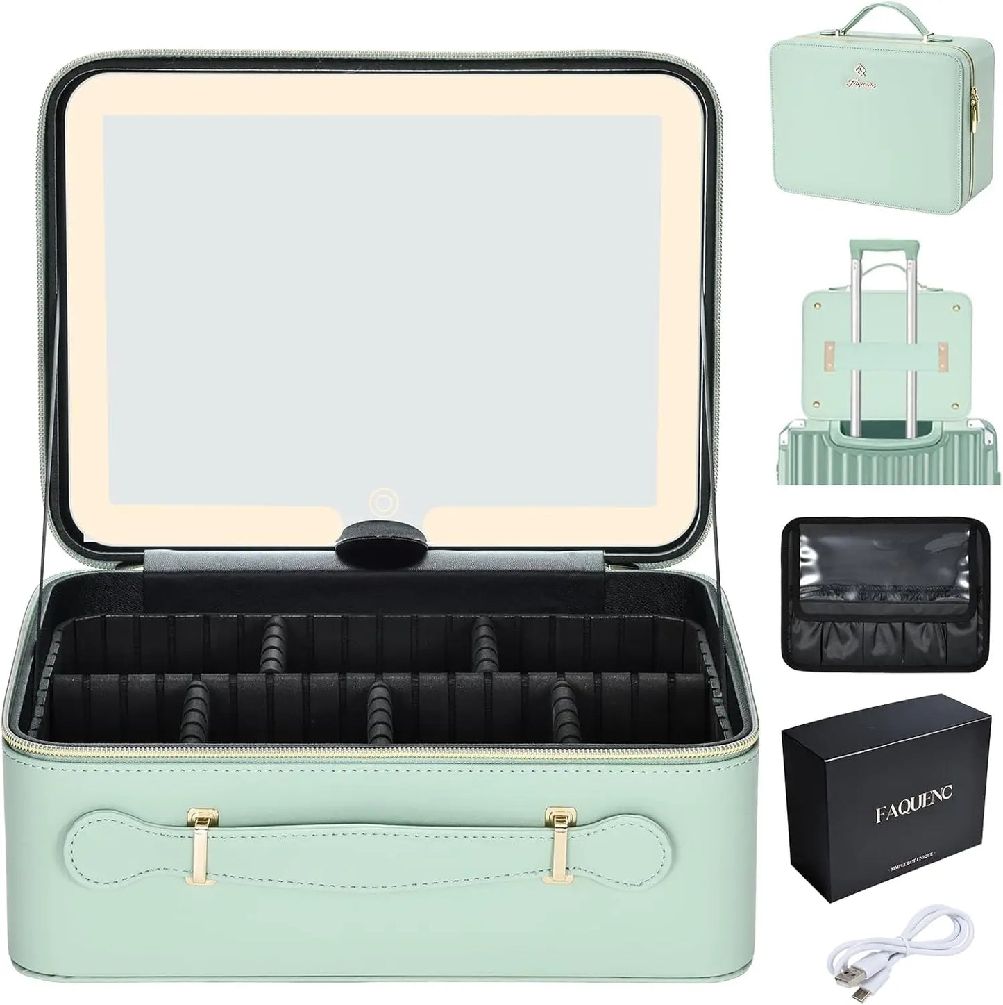 Leather Makeup Case with LED Lighted Mirror Travel Makeup Bag Cosmetic Organizer Artist Storage Bag with Dividers Brush Holder