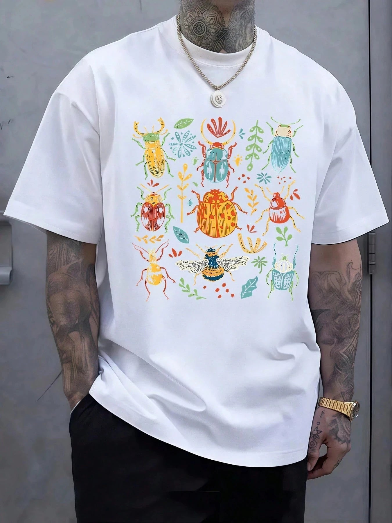Mens Colorful Beetle And Floral Art Symbolizing Harmony Between Nature's Diversity And Vibrant Life  Casual Men Tshirt shirt