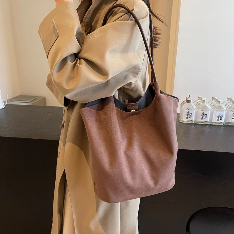 Tote Bag Faux Suede Slouchy Shoulder Bag for Women Solid Handbag Retro Handbag Woman Fashion Commuter Shopping Bag