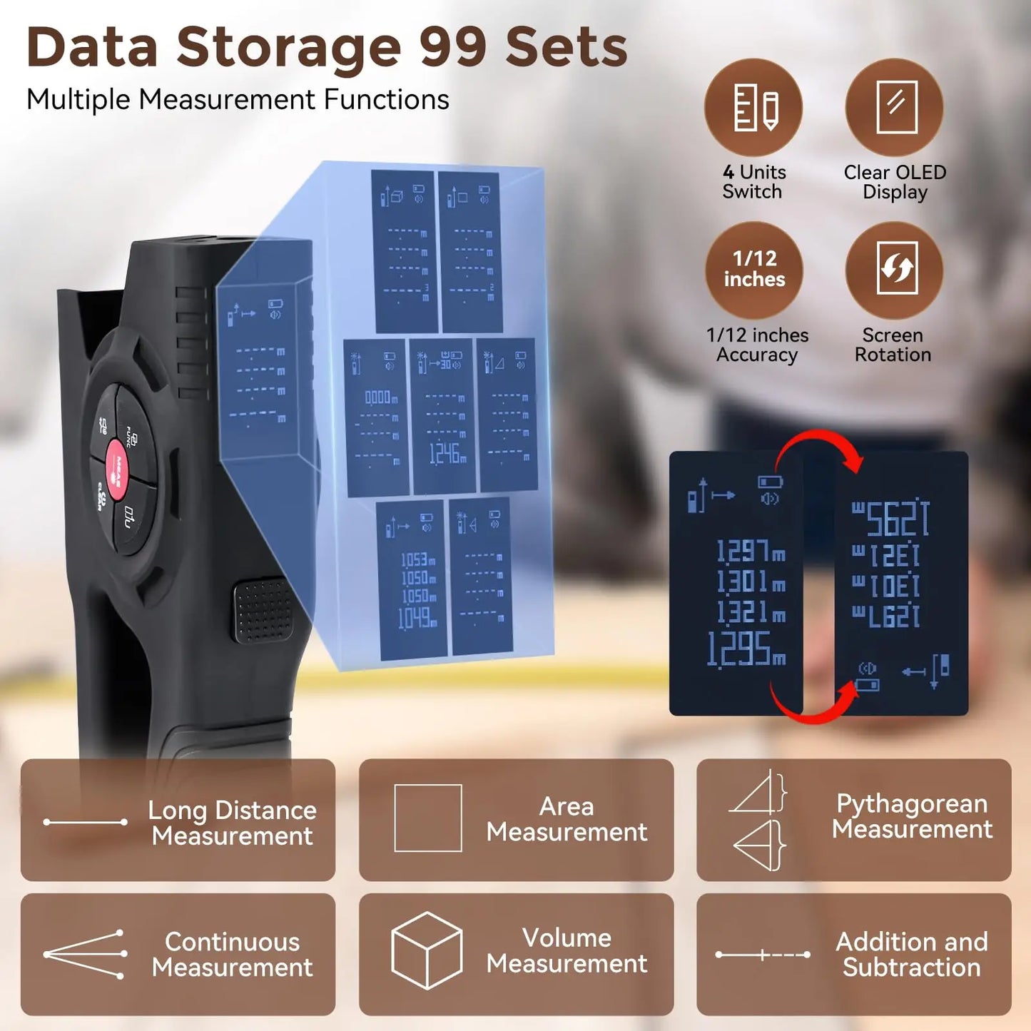 393Ft Digital Tape Measure with Laser - 3-in-1 Recharge Electronic Laser Measuring Tape with Tape Measure 16Ft OLED Display