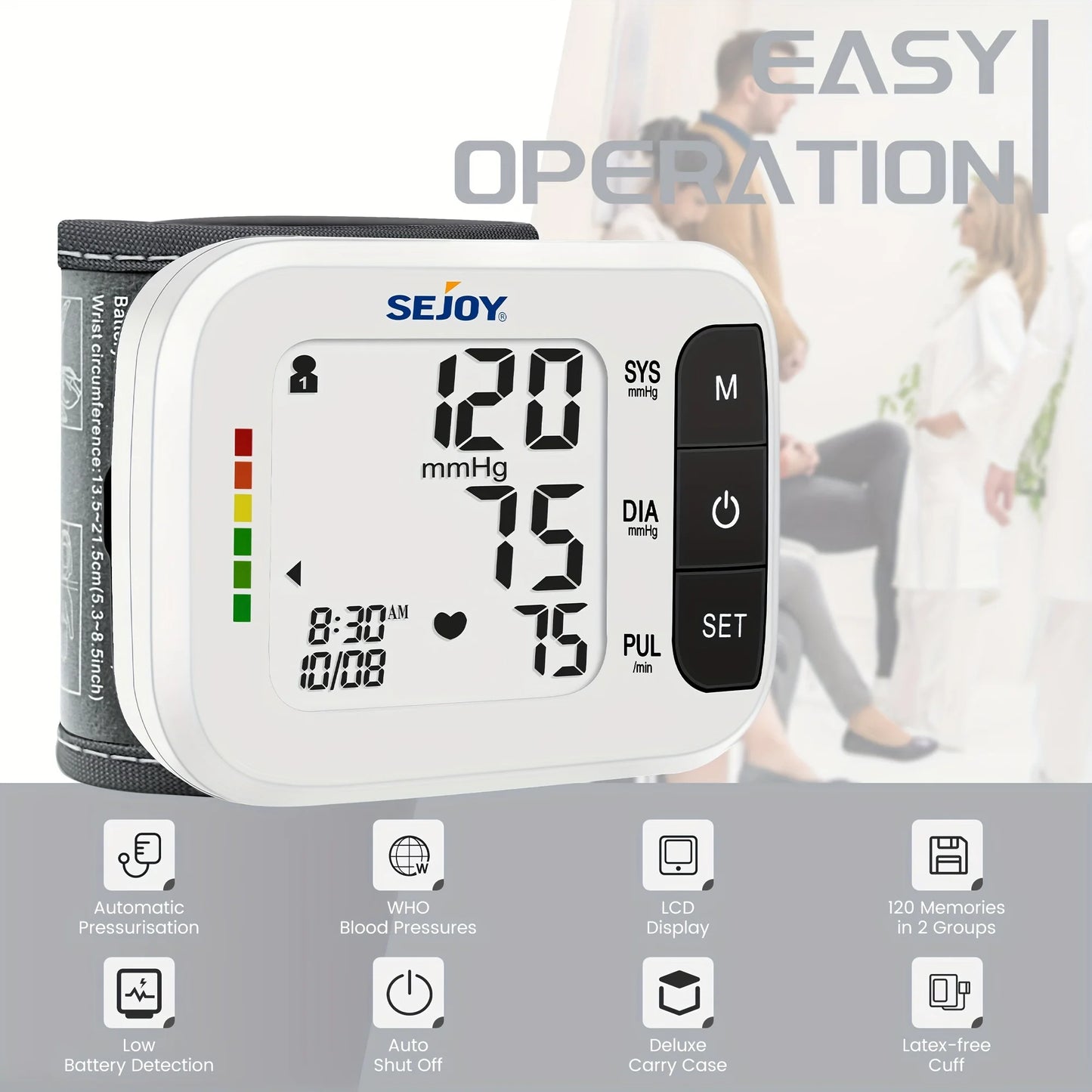 SEJOY Blood Pressure Machine Wrist Blood Pressure Cuff Wrist BP Monitor Wrist Cuff Automatic Monitor with Heartbeat Detection