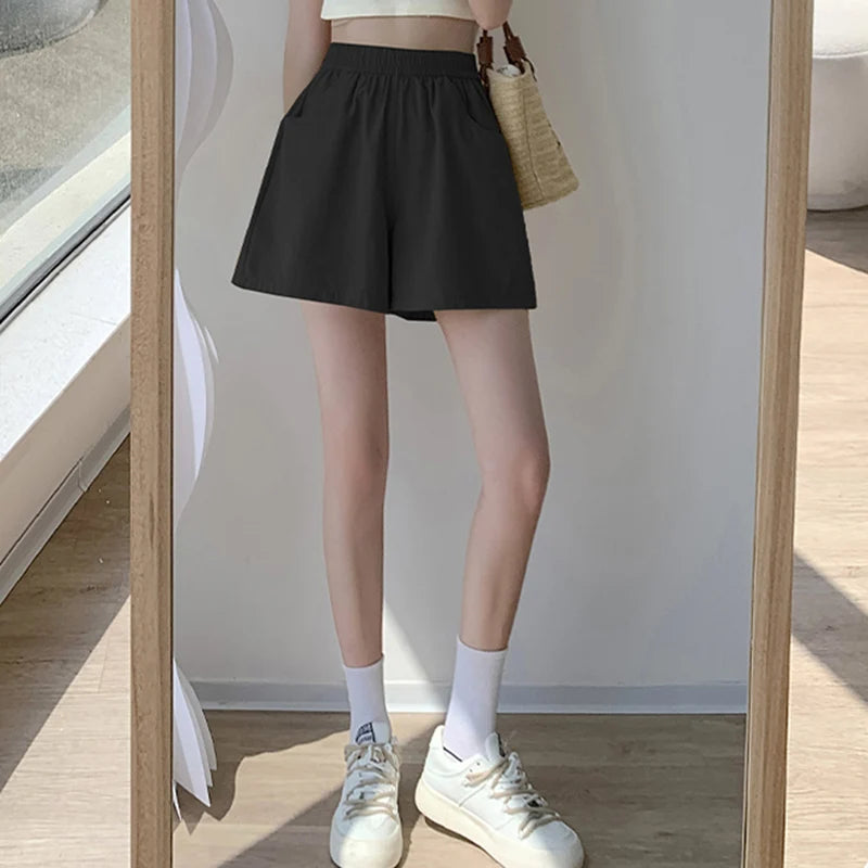 Women Summer Soft Casual Shorts Pants Lady Baggy Wide Leg Elastic Pink Cotton Cargo Pants Female High Waist Beach Baggy Pants