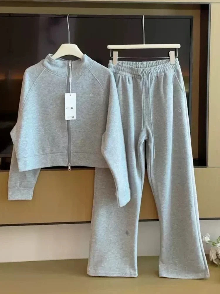 Woman Autumn Stand Up Collar Casual Zipper Jacket Suit Fashion Loose Straight TrousersSweatshirts Sweatpants 2 Pieces Set for