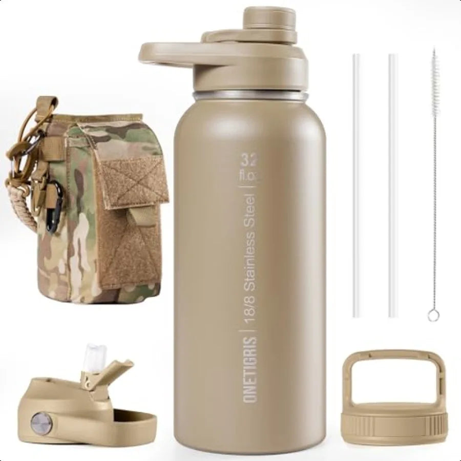 32 oz Insulated Water Bottle with Straw 3 Lids Leakproof Wide Mouth Protective Sleeve Tactical Stainl Steel For Travel Gym Camp