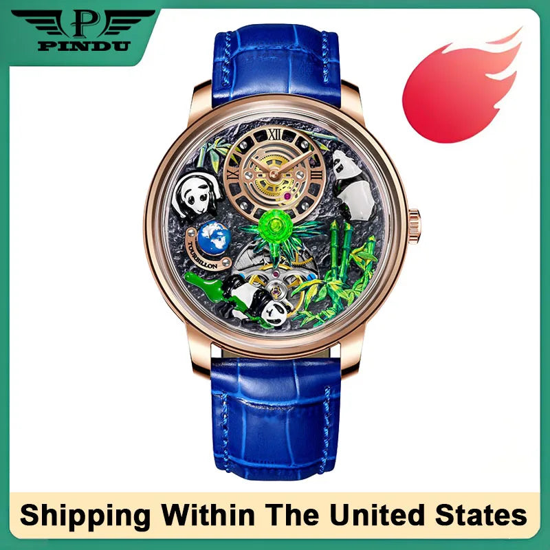 PINDU Original Top Brand Luxury Mechanical Watches Panda Paradise Watch Men Stainless Steel Waterproof Men Wristwatch